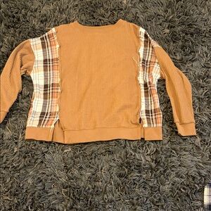 BKE Camel Waffle-Knit Sweater with Plaid Side Panels